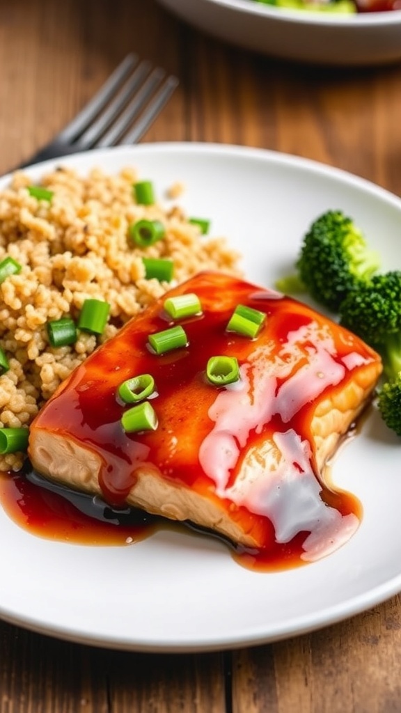 Air fryer salmon fillet with maple soy glaze, garnished with green onions, served with broccoli and quinoa on a white plate.